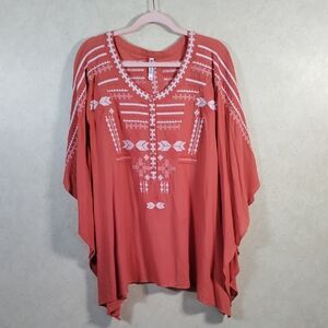 04558 FINAL PRICE Monoreno rust linen blend blouse w/peach & white embroidery M